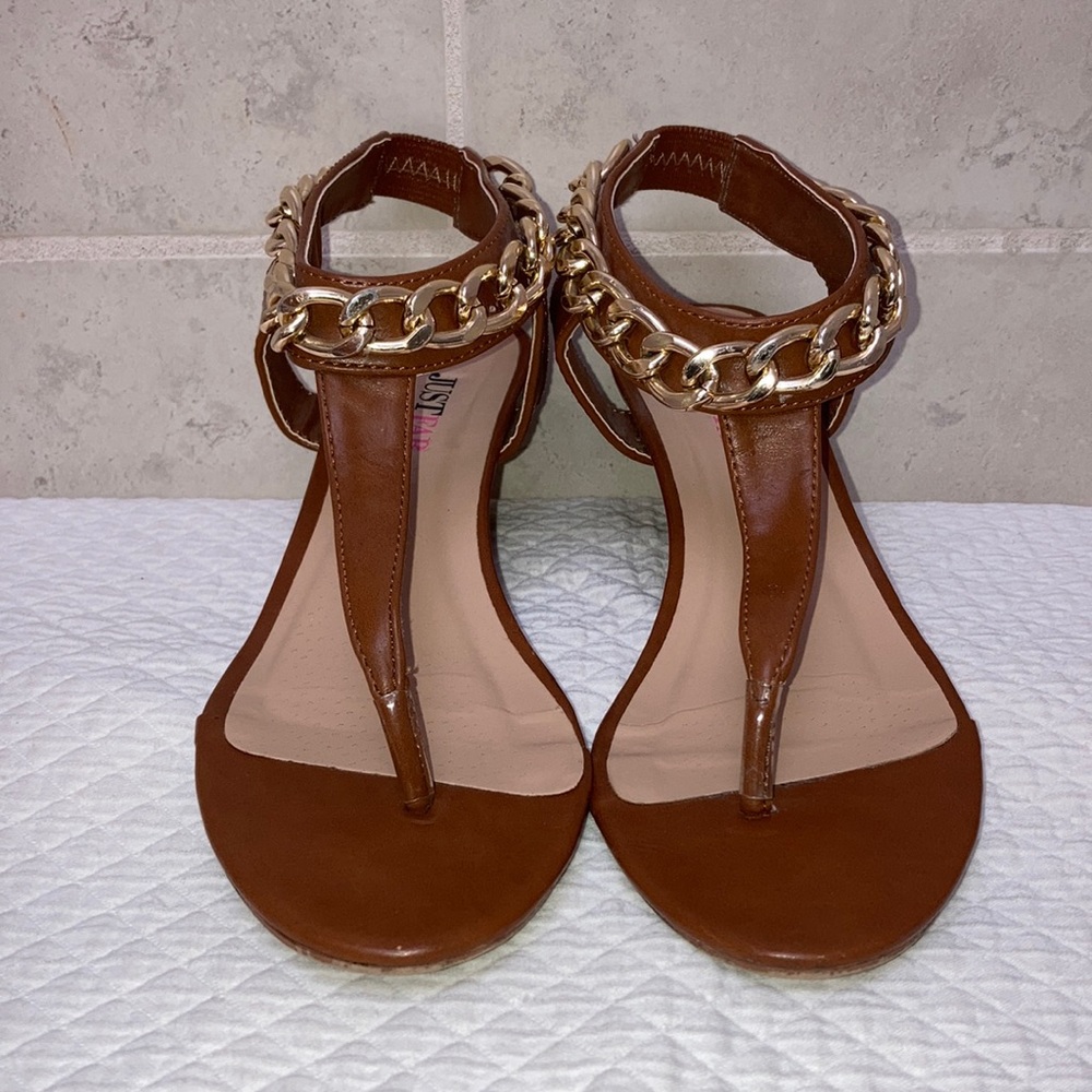 Light Brown T-Strap Mini Wedge Sandals